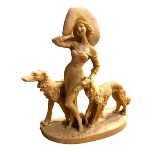 Art Deco Figurine Lady with Borzoi Wolfhounds Solid Resin Composite 7‎ 1/2" x 9"